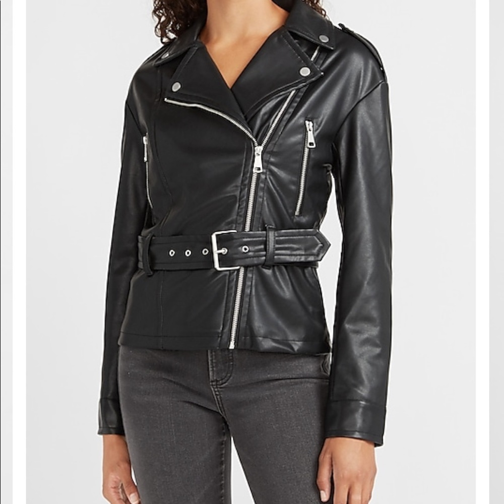 Express Vegan Leather Belted Drop Shoulder Jacket Coat Moto Outerwear Full Zip